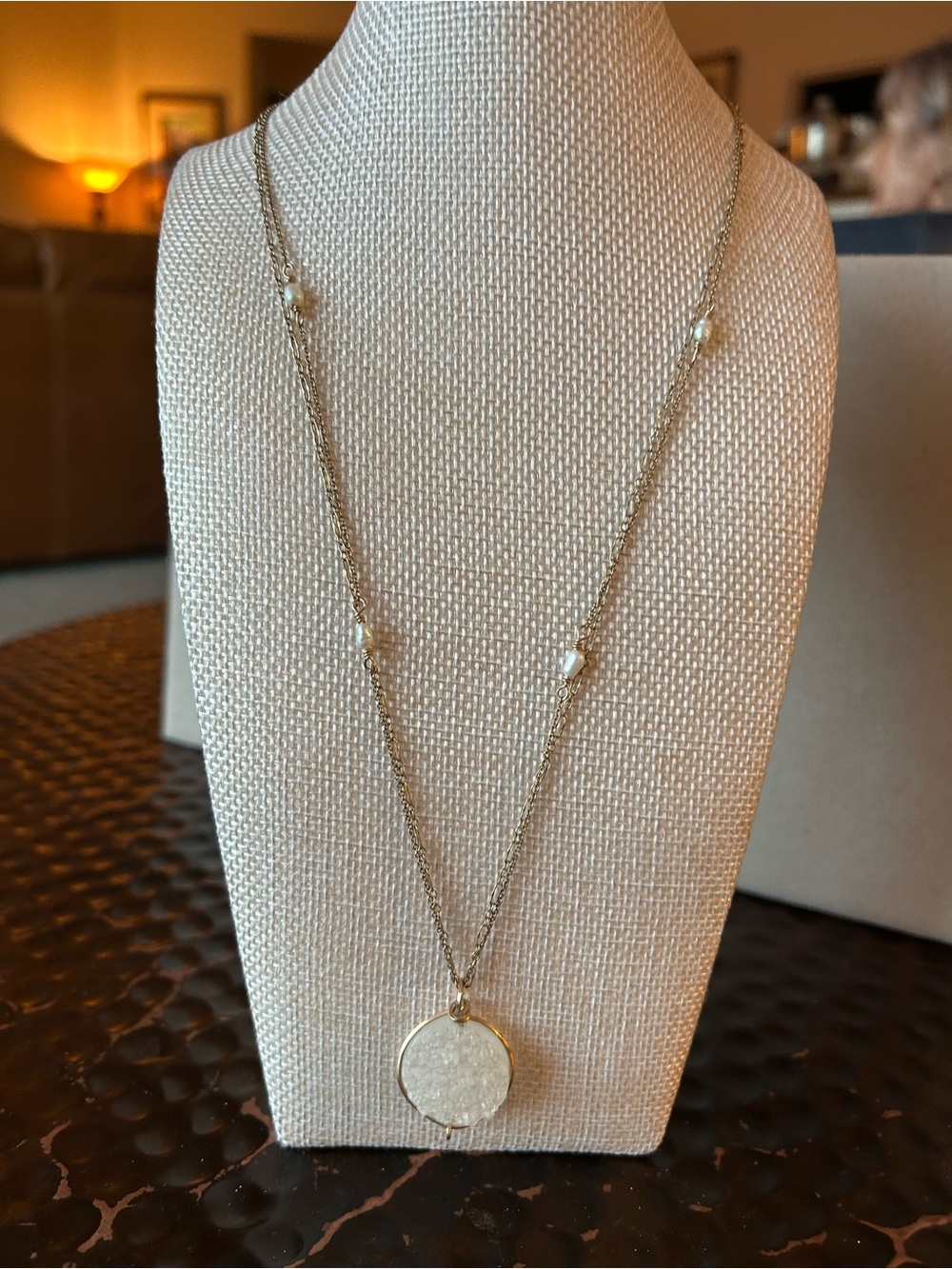 Druzy crystal Pendant Necklace with Gold chain/Pearl Accents